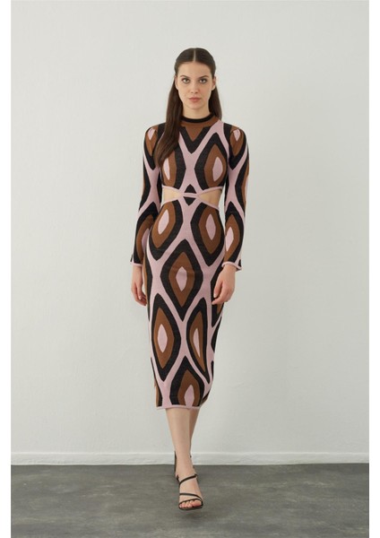 Kahve-Lila Pencere Detaylı Uzun Triko Elbise