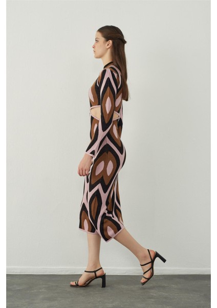 Kahve-Lila Pencere Detaylı Uzun Triko Elbise fiyatları
