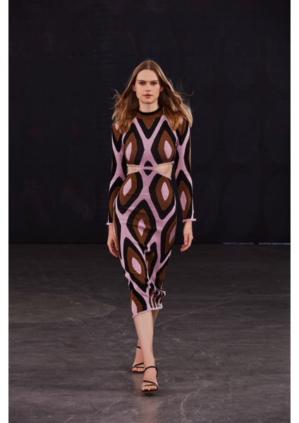 Kahve-Lila Pencere Detaylı Uzun Triko Elbise indirimleri