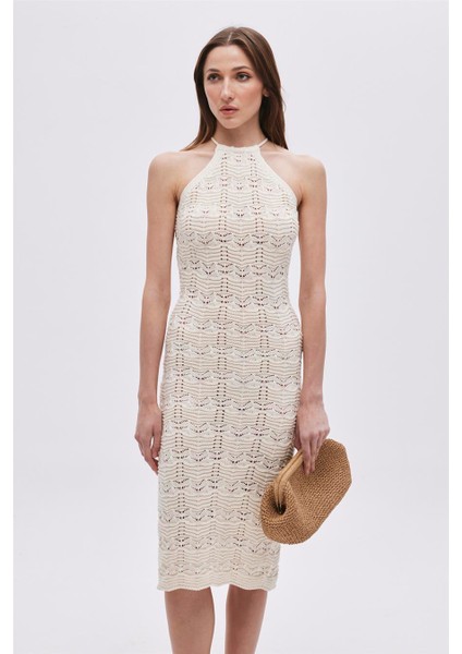 Ekru Halter Yaka Midi Triko Elbise fiyatları