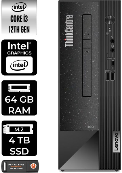 Thinkcentre Neo 50S Intel Core I3 12100 64GB 4tb SSD W11P 11SX002VTX Masaüstü Bilgisayar & Per4 USB Bellek 11SX002VTXP450