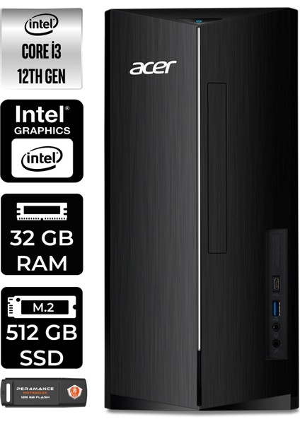 Aspire TC1760 Intel Core I3 12100 32GB 512GB SSD W11H DT.BHUEM.004 Masaüstü Bilgisayar & Per4 USB Bellek DTBHUEM004P377