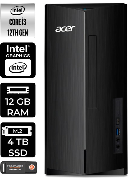 Aspire TC1760 Intel Core I3 12100 12GB 4tb SSD Fdos DT.BHUEM.004 Masaüstü Bilgisayar & Per4 USB Bellek DTBHUEM004P310