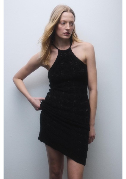 Siyah Halter Yaka Midi Triko Elbise fiyatları