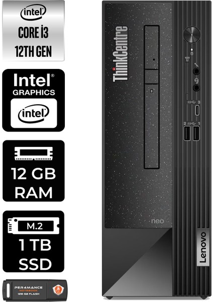 Thinkcentre Neo 50S Intel Core I3 12100 12GB 1tb SSD W11H 11SX002VTX Masaüstü Bilgisayar & Per4 USB Bellek 11SX002VTXP358