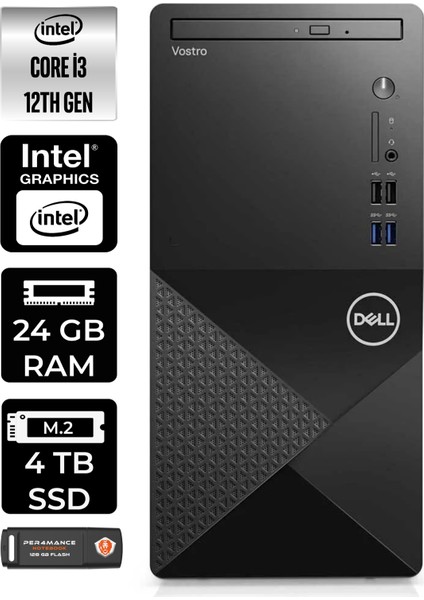 Vostro 3910MT Intel Core I3 12100 24GB 4tb SSD W11H N3563VDT3910 Masaüstü Bilgisayar & Per4 USB Bellek N3563VDT3910P375