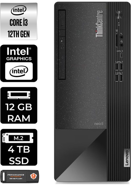 Thinkcentre Neo 50T Intel Core I3 12100 12GB 4tb SSD W11P 11SC001ATX Masaüstü Bilgisayar & Per4 USB Bellek 11SC001ATXP410
