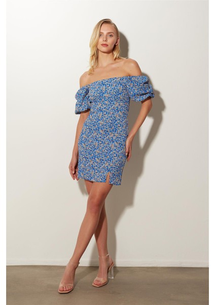 Mavi Çiçekli Balon Kol Slim Fit Mini Elbise