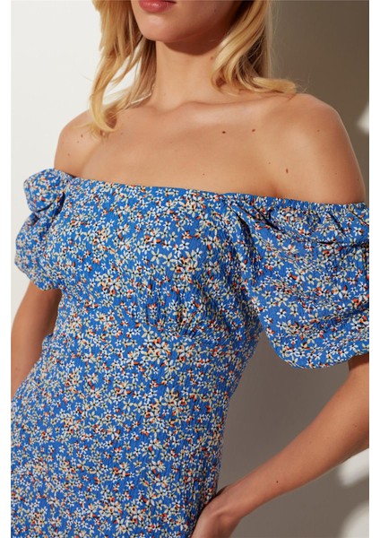 Mavi Çiçekli Balon Kol Slim Fit Mini Elbise