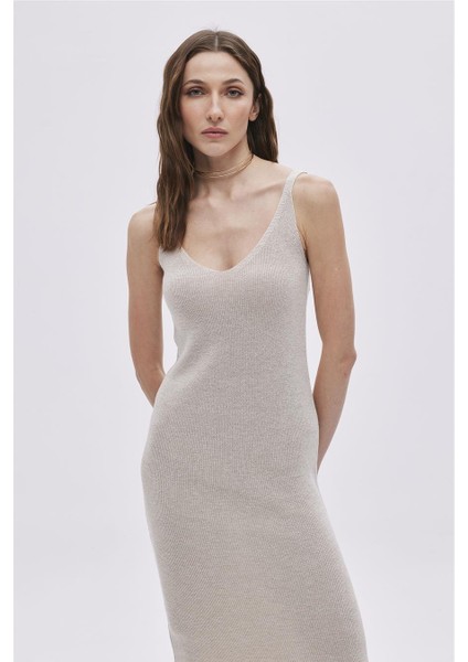 Bej Simli V Yaka Triko Elbise fiyatları