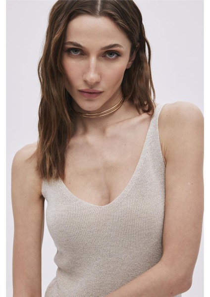 Bej Simli V Yaka Triko Elbise modelleri