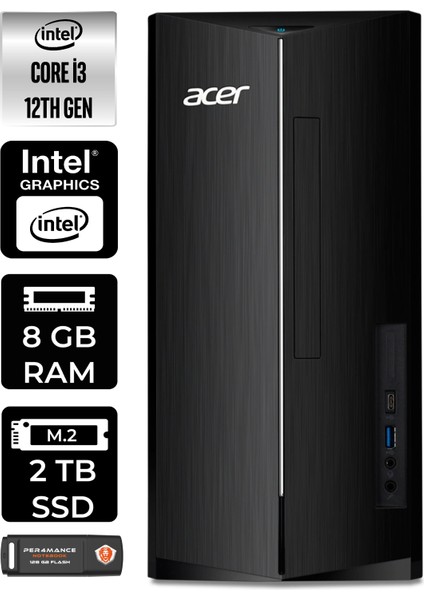 Aspire TC1760 Intel Core I3 12100 8gb 2tb SSD W11H DT.BHUEM.004 Masaüstü Bilgisayar & Per4 USB Bellek DTBHUEM004P354