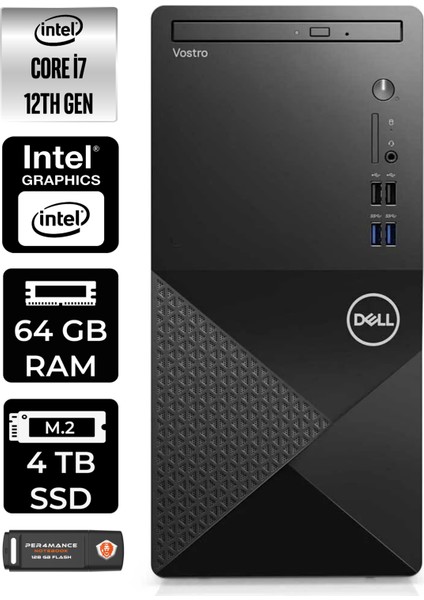 Vostro 3910MT Intel Core I7 12700 64GB 4tb SSD W11H N7600VDT3910 Masaüstü Bilgisayar & Per4 USB Bellek N7600VDT3910P400