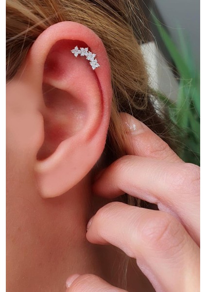 Zirkon Taşlı 925AYAR Gümüş Çiçek Yay Tragus Kıkırdak Helix Piercing