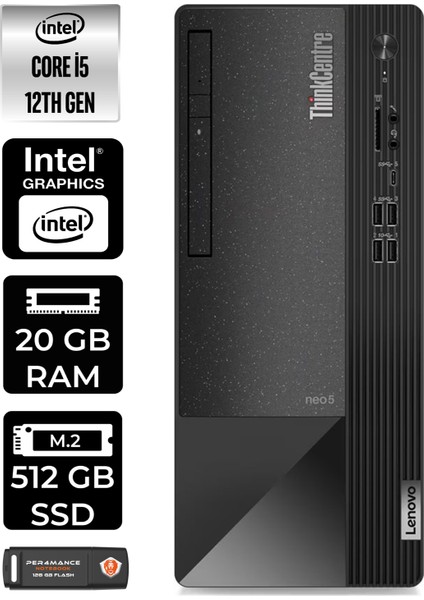 Thinkcentre Neo 50T Intel Core I5 12400 20GB 512GB SSD W11P 11SE00MJTX Masaüstü Bilgisayar & Per4 USB Bellek 11SE00MJTXP417