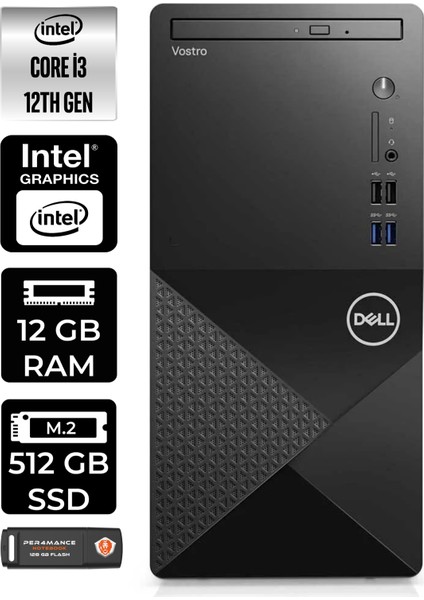 Vostro 3910MT Intel Core I3 12100 12GB 512GB SSD W11H N3563VDT3910 Masaüstü Bilgisayar & Per4 USB Bellek N3563VDT3910P357