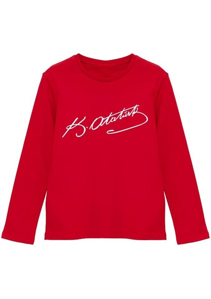 Pamuklu Beyaz Atatürk Imza Baskılı Kırmızı Uzun Kollu Çocuk Tişörtü