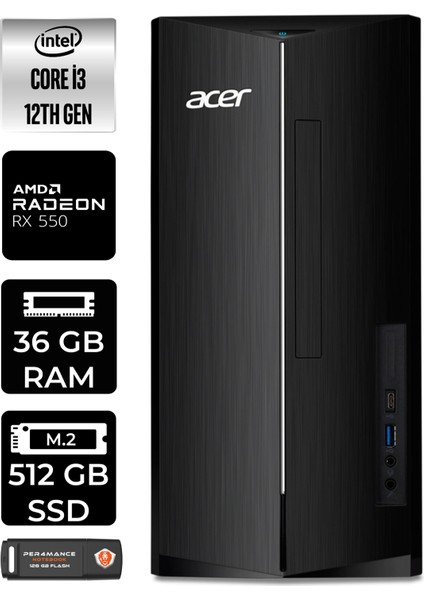 Aspire TC1760 Intel Core I3 12100 36GB 512GB SSD RX550/4GB W11H DT.BHUEM.004 Masaüstü Bilgisayar & Per4 USB Bellek DTBHUEM004P382