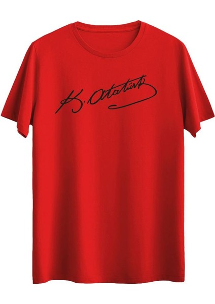 %100 Pamuklu Siyah Atatürk Imza Baskılı Kırmızı Kısa Kollu Tişört