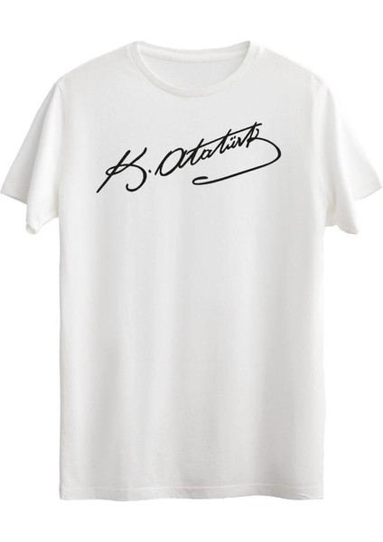 %100 Pamuklu Siyah Atatürk Imza Baskılı Beyaz Kısa Kollu Tişört