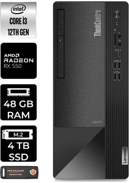 Thinkcentre Neo 50T Intel Core I3 12100 48GB 4tb SSD RX550/4GB W11P 11SC001ATX Masaüstü Bilgisayar & Per4 USB Bellek 11SC001ATXP445