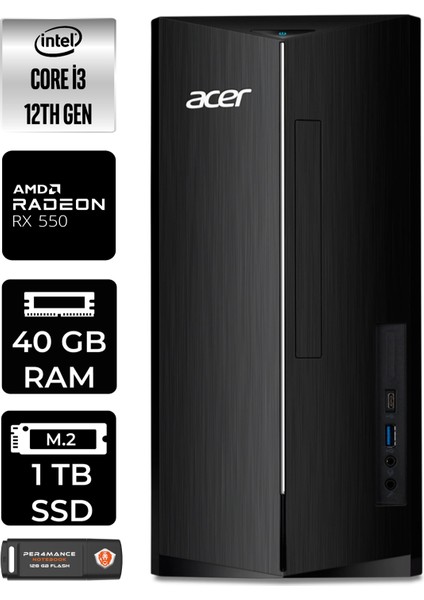 Aspire TC1760 Intel Core I3 12100 40GB 1tb SSD RX550/4GB Fdos DT.BHUEM.004 Masaüstü Bilgisayar & Per4 USB Bellek DTBHUEM004P338