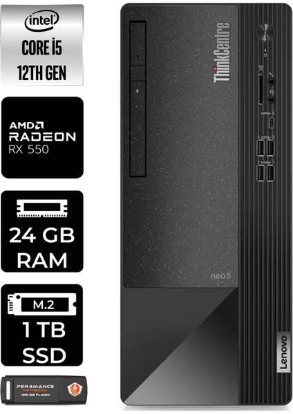 Thinkcentre Neo 50T Intel Core I5 12400 24GB 1tb SSD RX550/4GB W11P 11SE00BPTX Masaüstü Bilgisayar & Per4 USB Bellek 11SE00BPTXP423
