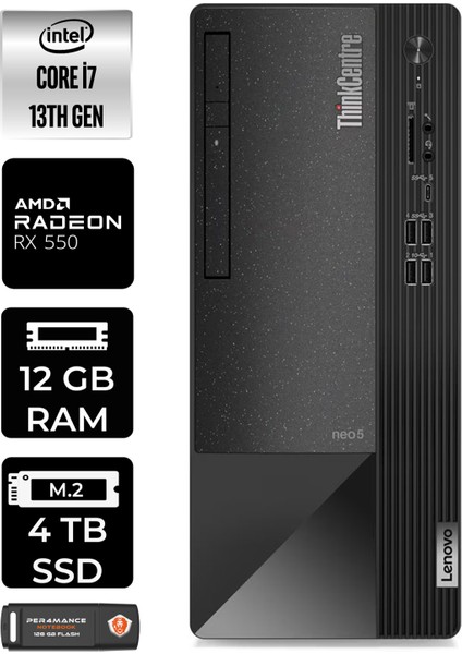 Thinkcentre Neo 50T Intel Core I7 13700 12GB 4tb SSD RX550/4GB W11P 12JD0008TR Masaüstü Bilgisayar & Per4 USB Bellek 12JD0008TRP410