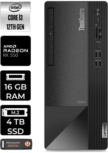 Thinkcentre Neo 50T Intel Core I3 12100 16GB 4tb SSD RX550/4GB Fdos 11SC001ATX Masaüstü Bilgisayar & Per4 USB Bellek 11SC001ATXP315