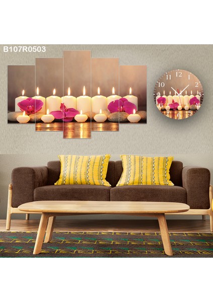 5 Parçalı Dekoratif Ahşap Duvar Tablosu ve Saati 60X124 cm