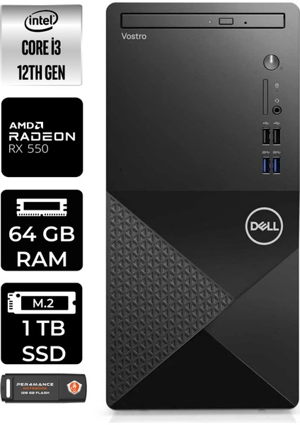 Vostro 3910MT Intel Core I3 12100 64GB 1tb SSD RX550/4GB Fdos N3563VDT3910 Masaüstü Bilgisayar & Per4 USB Bellek N3563VDT3910P348
