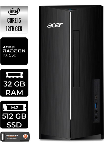 Aspire TC1760 Intel Core I5 12400 32GB 512GB SSD RX550/4GB W11H DT.BHUEM.005 Masaüstü Bilgisayar & Per4 USB Bellek DTBHUEM005P377