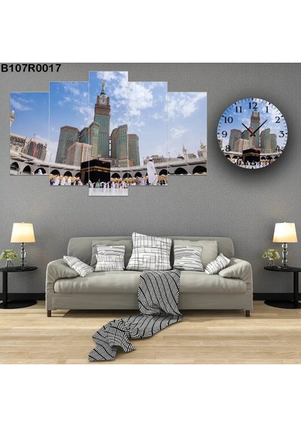 5 Parçalı Dekoratif Ahşap Duvar Tablosu ve Saati 60X124 cm