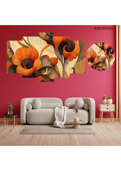 5 Parçalı Dekoratif Ahşap Duvar Tablosu ve Saati 60X124 cm