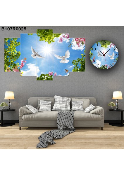 5 Parçalı Dekoratif Ahşap Duvar Tablosu ve Saati 60X124 cm