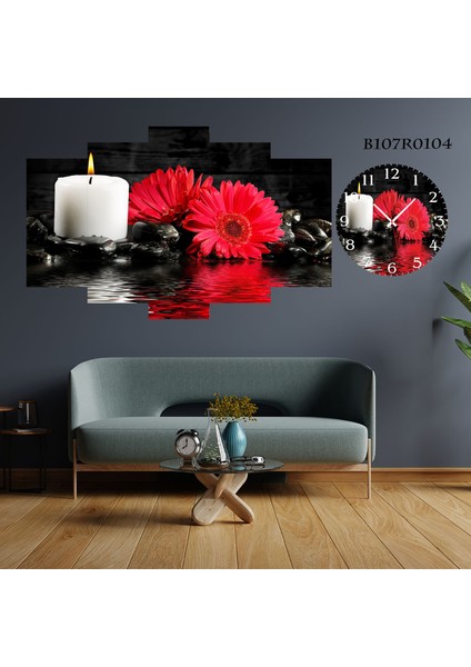 5 Parçalı Dekoratif Ahşap Duvar Tablosu ve Saati 60X124 cm