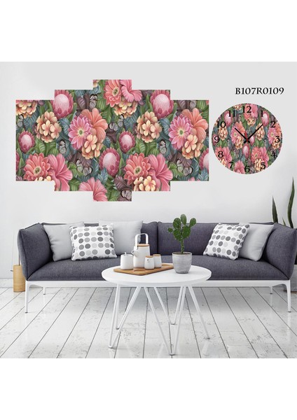 5 Parçalı Dekoratif Ahşap Duvar Tablosu ve Saati 60X124 cm