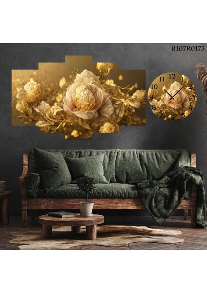 5 Parçalı Dekoratif Ahşap Duvar Tablosu ve Saati 60X124 cm