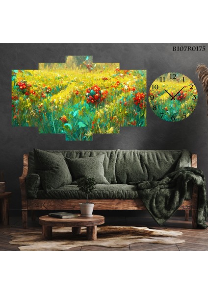 5 Parçalı Dekoratif Ahşap Duvar Tablosu ve Saati 60X124 cm