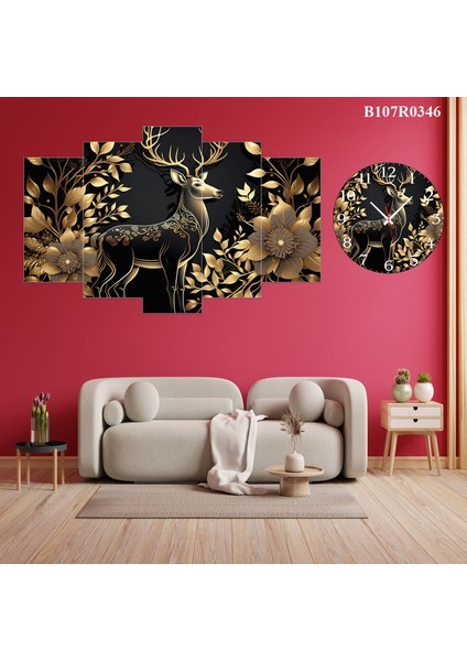 5 Parçalı Dekoratif Ahşap Duvar Tablosu ve Saati 60X124 cm