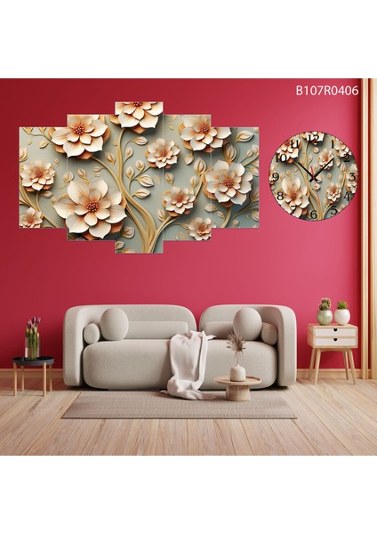 5 Parçalı Dekoratif Ahşap Duvar Tablosu ve Saati 60X124 cm