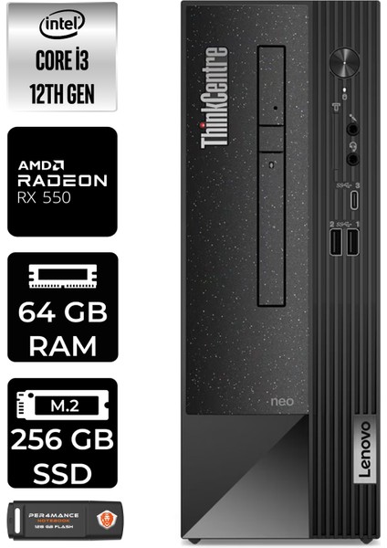 Thinkcentre Neo 50S Intel Core I3 12100 64GB 256GB SSD RX550/4GB W11P 11SX002VTX Masaüstü Bilgisayar & Per4 USB Bellek 11SX002VTXP446