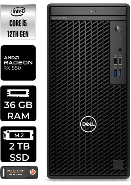 Optiplex 3000MT Intel Core I5 12500 36GB 2tb SSD RX550/4GB W11H N010O3000MTAC Masaüstü Bilgisayar & Per4 USB Bellek N010O3000MTACP384