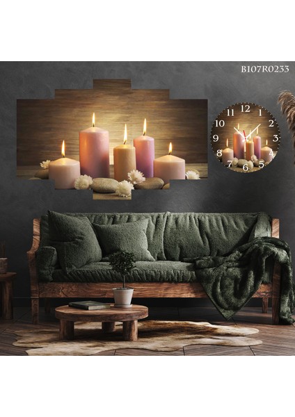 5 Parçalı Dekoratif Ahşap Duvar Tablosu ve Saati 60X124 cm