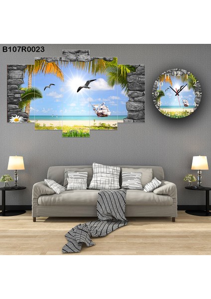 5 Parçalı Dekoratif Ahşap Duvar Tablosu ve Saati 60X124 cm