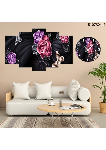 5 Parçalı Dekoratif Ahşap Duvar Tablosu ve Saati 60X124 cm