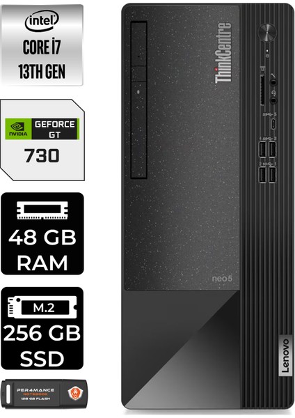 Thinkcentre Neo 50T Intel Core I7 13700 48GB 256GB SSD GT730/4GB W11P 12JD0008TR Masaüstü Bilgisayar & Per4 USB Bellek 12JD0008TRP441