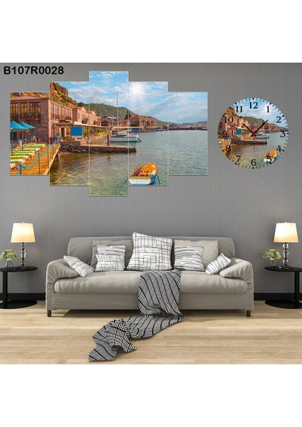 5 Parçalı Dekoratif Ahşap Duvar Tablosu ve Saati 60X124 cm