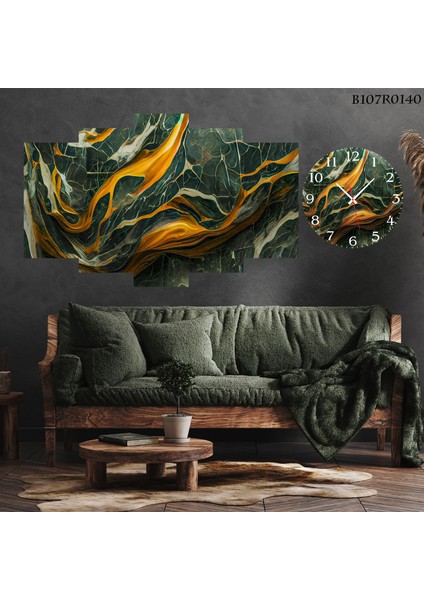 5 Parçalı Dekoratif Ahşap Duvar Tablosu ve Saati 60X124 cm