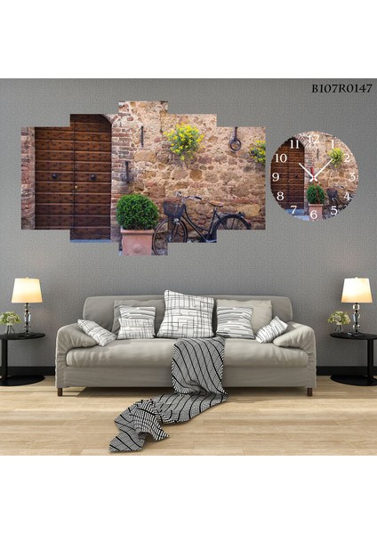 5 Parçalı Dekoratif Ahşap Duvar Tablosu ve Saati 60X124 cm